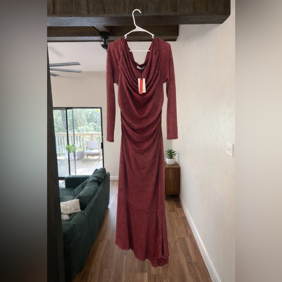 Popilush Shapewear Metallic Knit Long Sleeve Slim Mermaid Maxi Dress - Picture 12 of 12